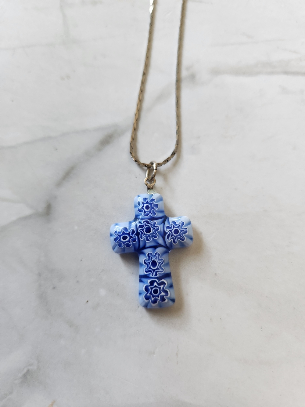 Venice Murano Glass Millefiori Cross Pendant  On Silvertone Chain